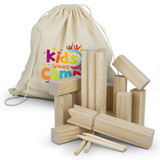 A wooden Kubb game set with natural light-coloured blocks and a drawstring bag featuring a colourful logo.