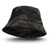 A camouflage bucket hat featuring dark green and black patterns, with a soft brim and inner lining.