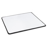 A large, rectangular mouse mat with a smooth white surface and a black border. It features a logo in one corner.