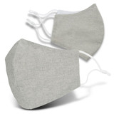Two light grey linen face masks with adjustable ear straps, featuring a subtle texture and streamlined shape.