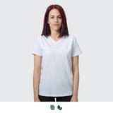 A white women's t-shirt with a v-neck design, displayed on a model with shoulder-length hair.