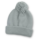 A soft grey beanie with a pom-pom on top and a ribbed cuff, featuring a logo.