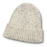 A cream beanie with a speckled design and a folded cuff, featuring a branded logo.
