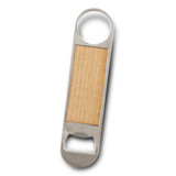 A drink bottle opener with a stainless steel finish and a wooden panel in the centre. It features a logo.