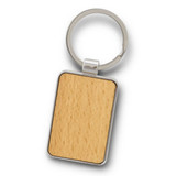 A rectangular wooden key ring with a silver metal attachment.