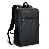 A dark green camouflage backpack with a sleek design and padded straps, featuring a logo and multiple compartments.