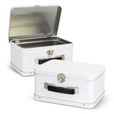 A white tin lunch box with a silver interior and a black handle, featuring a metal clasp closure.