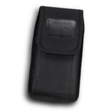 A black phone pouch with a textured finish and a flap closure. It features a logo.