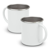 A white coffee mug with a stainless steel interior and a handle, featuring a simple design.