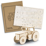 A wooden tractor model in natural wood colour, with a laser-cut template and packaging design.