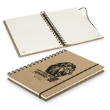 A spiral notebook with a lion graphic on a kraft cover, featuring plain pages and a black elastic band closure.
