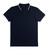 A navy polo shirt featuring a contrasting collar and a placket with buttons. It has a logo on the chest.