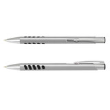 A metal pen in silver with black accents and grip features, featuring a clip and a logo.