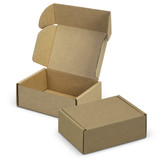 A brown die cut box with a locking lid, featuring an open and a closed version, both made of cardboard.