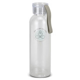 A drink bottle with a clear body, grey lid, and a handle, featuring a circular logo on the front.