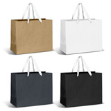 A large paper bag collection in brown, white, and black, featuring ribbon handles and a simple design.
