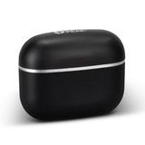 A black charging case for Swiss Peak TWS Earbuds 2.0 with a silver band and logo.