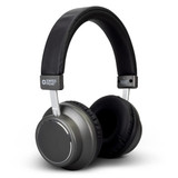 A pair of grey wireless headphones with a black cushioned headband and ear cups, featuring a logo on the side.