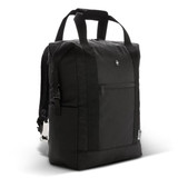 A black cooler totepac with carry handles, shoulder straps, and a front zippered pocket. It features a logo.