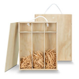 A wooden gift box with a natural finish, featuring three compartments and filled with shredded paper.