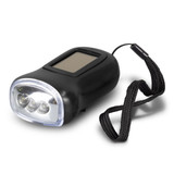 A black Dynamo Solar Torch with two LED lights and a wrist strap. It includes a display panel on the top.