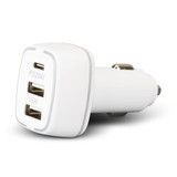 A white car charger with one USB-C port and two USB-A ports, featuring a sleek design and a logo.