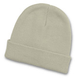 A light green beanie with a folded cuff and a textured knit design. It features a brand logo.