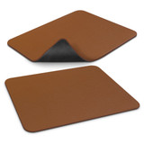 A leatherette mouse mat in brown with a textured surface and a non-slip backing. Features rounded corners.