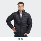 A unisex black puffer jacket featuring a zip-up front and a stand collar, with a logo present.