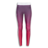 Custom women's leggings featuring an ombre design in shades of purple and pink, with a white waistband and side stripes.