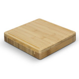 A square bamboo cheese board with a smooth surface and angled edges, featuring a natural wood finish.