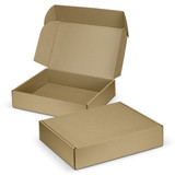 A brown die cut box with a locking lid, featuring an open and closed position for easy visibility.