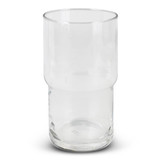 A clear glass tumbler with a stackable design, featuring a smooth finish and a branding logo.