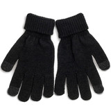 A pair of black knitted gloves with a ribbed cuff and touch-screen fingertips. Features a logo on the wrist.