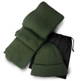 A green ribbed scarf and matching beanie set, neatly arranged with a black drawstring bag.