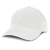 A corduroy cap in a light grey colour with a curved brim and a logo on the front.