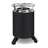 A black campfire cooker with a stainless steel top and three sturdy legs. It has a branding logo on the side.