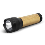 A rechargeable torch with a bamboo body and black ends, featuring a bright light at the front and a logo.