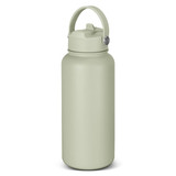 A drink bottle in a pale green colour with a screw-on lid and a sturdy handle. Features a logo.
