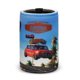 A drink bottle holder featuring a blue design with a red car and tropical imagery, showcasing a logo.
