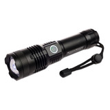 A black rechargeable torch featuring a round head, a side button, and a wrist strap for convenience.