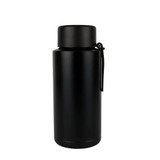 A drink bottle in matte black stainless steel with a lid and a strap. It has a minimalist design and a logo.