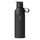 A drink bottle in matte black with a spout lid and a logo, featuring a sleek, modern design.