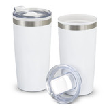 A double wall cup in white with a stainless steel band and a clear lid, featuring a drink opening.