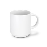 A stackable white coffee mug with a smooth finish and a rounded handle, featuring a simple design with a branding logo.
