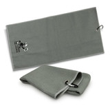 A grey waffle golf towel with a clip for attachment and a logo displayed on one side.