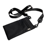 A black neck pouch featuring a large compartment and a mesh pocket, complete with a detachable strap for easy carrying.