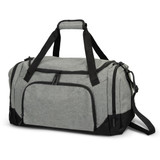 A grey duffle bag with black accents, featuring multiple zippered pockets and a detachable shoulder strap.