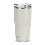 A drink bottle in light grey with a stainless steel lid, featuring a logo. It's designed for drinks and has a 600ml capacity.