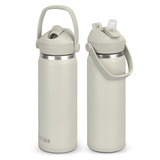 A drink bottle in light grey with a flip straw, featuring a handle and a logo. It holds 600ml.